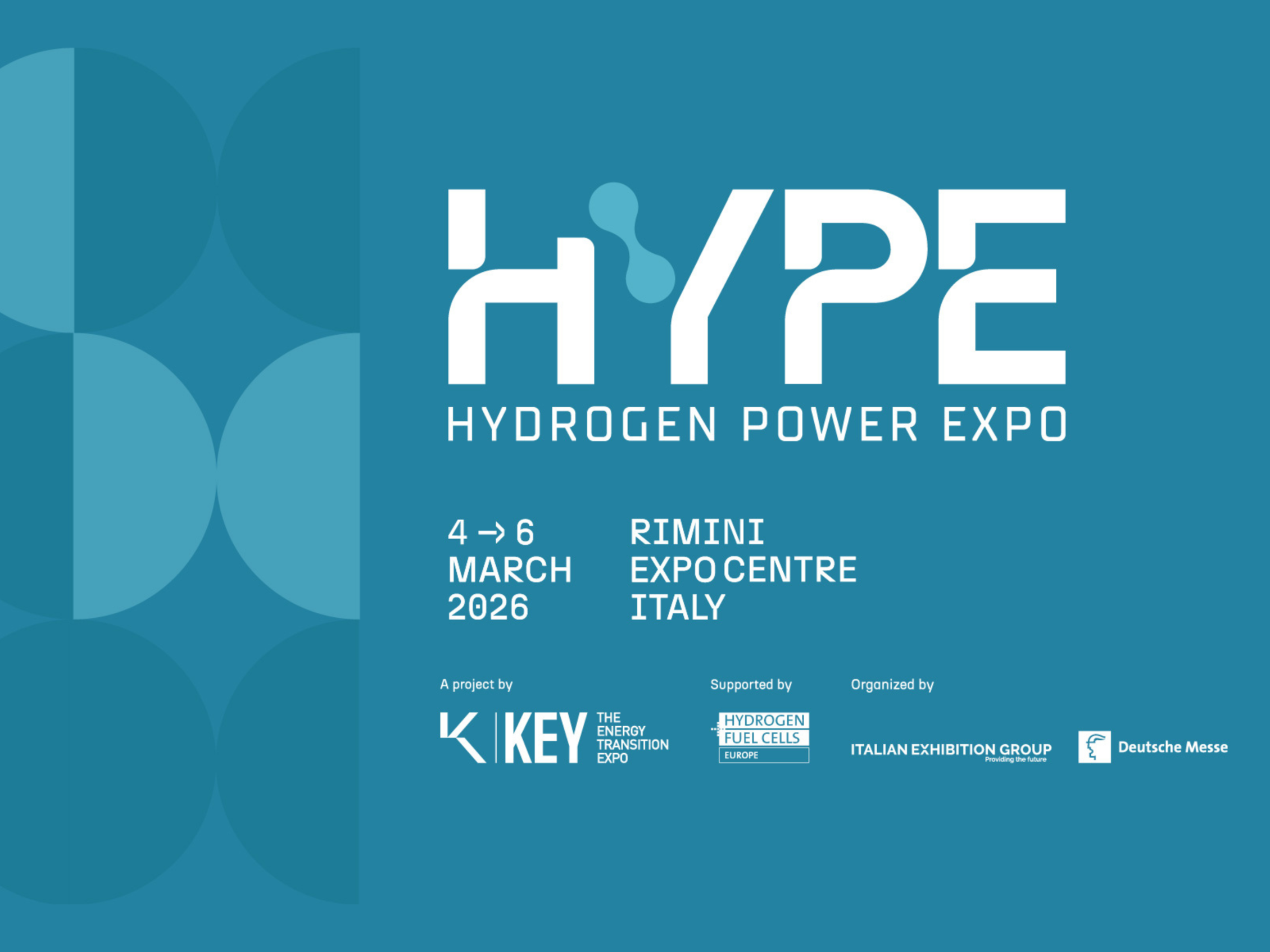 Promotional banner for HYPE Hydrogen Power Expo, taking place from March 4 to 6, 2026 at Rimini Expo Centre, Italy, featuring logos of organizers and supporters